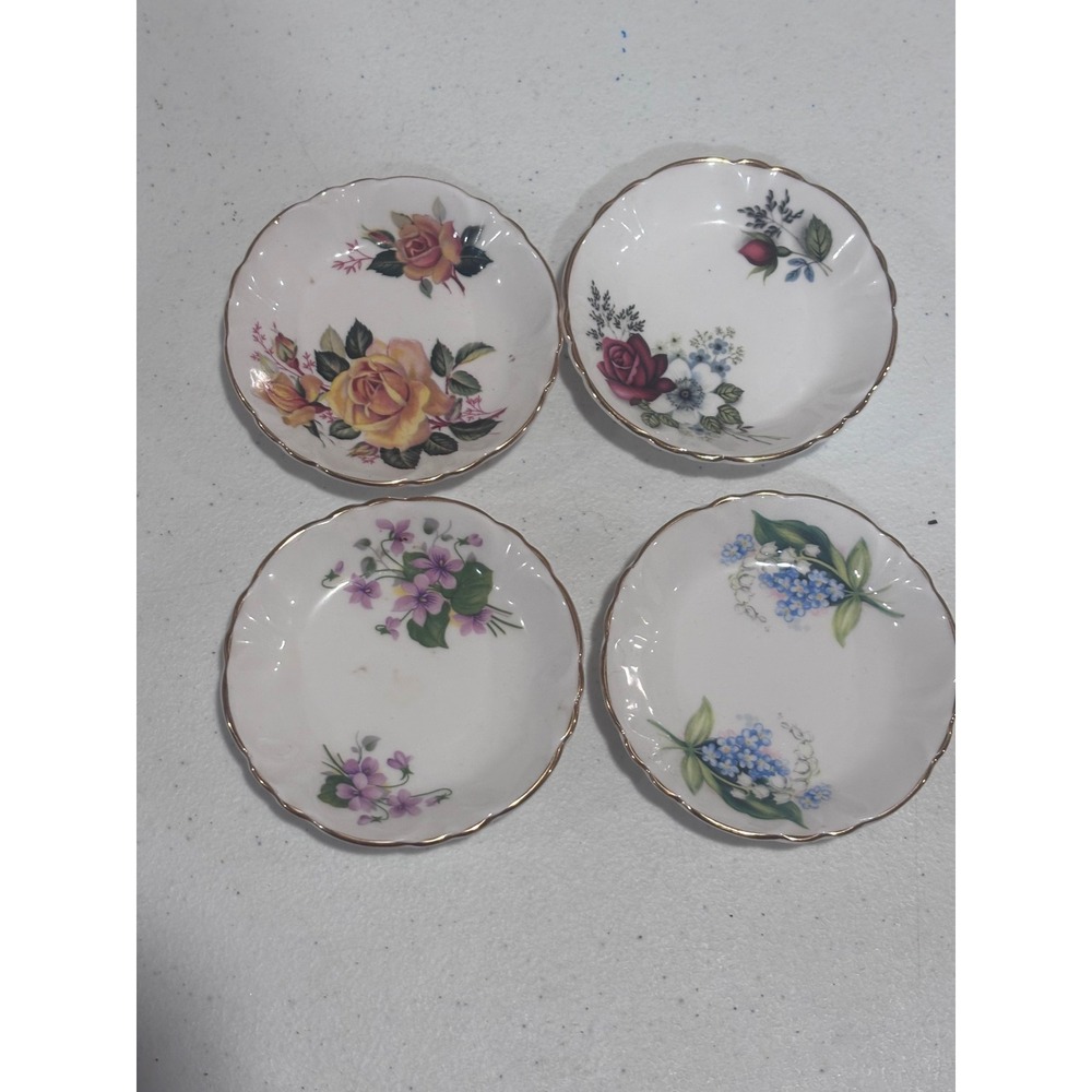 Princess House Fine Bone China Floral Butter Pats Set of 4 Made in England Gold